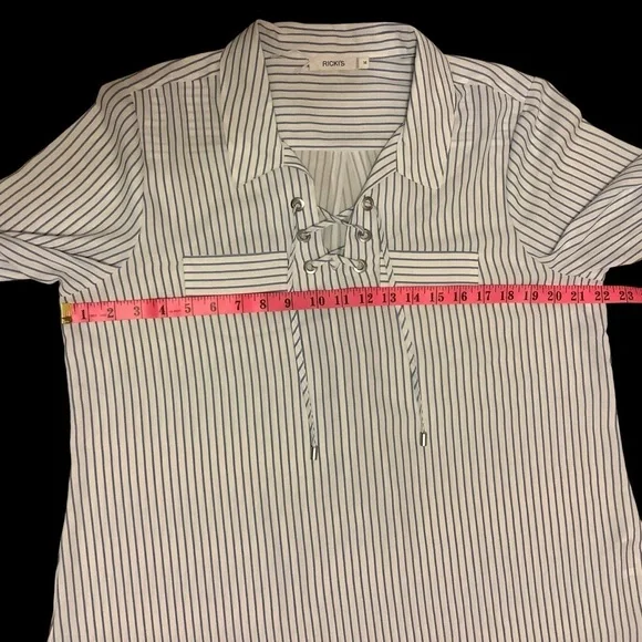RICKI’S LONG SLEEVE WHITE & BLUE STRIPED LACE-UP BLOUSE/ Size 14 - Picture 9 of 12